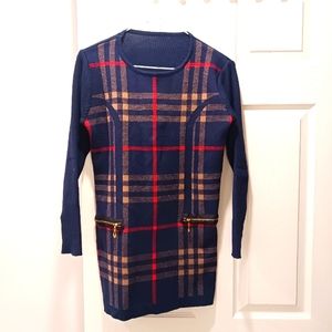 Plaid navy long top/ knitwear